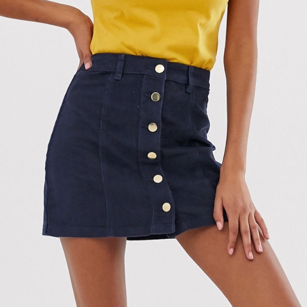 Brave Soul Navy Corduroy Button Front Skirt